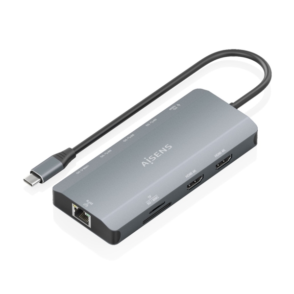 Aisens USB-C Dock 12 in 1 - USB-C a 2xHDMI - 1xRJ45 - 3xUSB-A - 1xUSB-C - 1xUSB-C PD 100W - 1xSD - 1xMicroSD - 20 cm - Colore Grigio